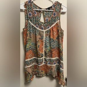 Cable & Gauge Orange Blue Graphic Tank Top with Bib Collar